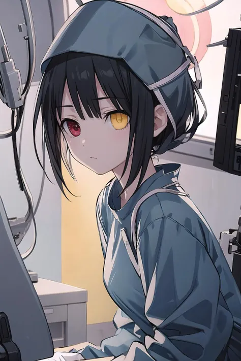 Masterpieces with up to 16K resolution, Spooky Silent Hill style. | 20-year-old woman, Wearing a pure white nurse uniform, now dirty, Torn, Bloodstained. Her body is showing signs of fatigue., Sweaty, she決意の表情と邪悪な笑みで視聴者を見つめている. Her short, Blue hair with voluminous bangs in front of the right eye、The creepy nurse cap matches perfectly.。, With a red cross in the center. Worse, dirty, A creepy hospital filled with destroyed hospital machinery, Old broken bed, Bloody Devil, Spooky Altar, rock formations, Pipe leaks, Broken Computer. The Silent Hill style is permeating the scene, Immerse yourself in a demonic atmosphere of fear and terror. | The composition of the scene emphasizes the corruption and horror., The dark angles and the play of light and shadow are used to enhance the creepy atmosphere.. Details such as blood stains on the costume, Character's sinister expression, The destruction of the hospital helps create a visually impactful experience.. | Scene with creepy woman in nurse uniform, Immerse yourself in the world of Silent Hill, full of demons and destruction, With her determined gaze and wicked smile. | {The camera is placed very close to her, revealing her entire body as she adopts an anger_Pauseas, Interact with structures in your scene in exciting ways、Lean on} | she ((anger_Pauseas interacts, Boldly relying on structure, Lean back in an exciting way):1.3), ((perfection_Pause)), ((whole body)), perfection_refer to, perfection_feet, "Learn more"