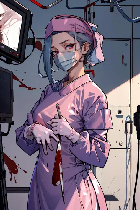 nsfw, masterpiece, best quality, 1girl,cowboy_shot, <lora:ConceptClothingSurgicalOutfit1_1:0.95> ((surgical outfit, surgical mask, long sleeves,long dress, surgical cap,latex gloves, folded hair)),rubber pink uniform,(blue hair, red eyes, short hair,blood on clothes)