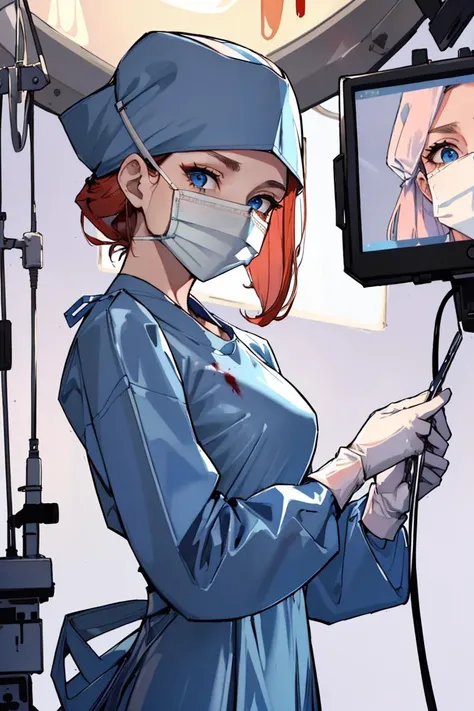 masterpiece, best quality, 1girl,cowboy_shot, <lora:ConceptClothingSurgicalOutfit1_1:0.95> ((surgical outfit, surgical mask, long sleeves,long dress, surgical cap,latex gloves, folded hair)),latex uniform,red hair, blue eyes, (short hair,blood on clothes)