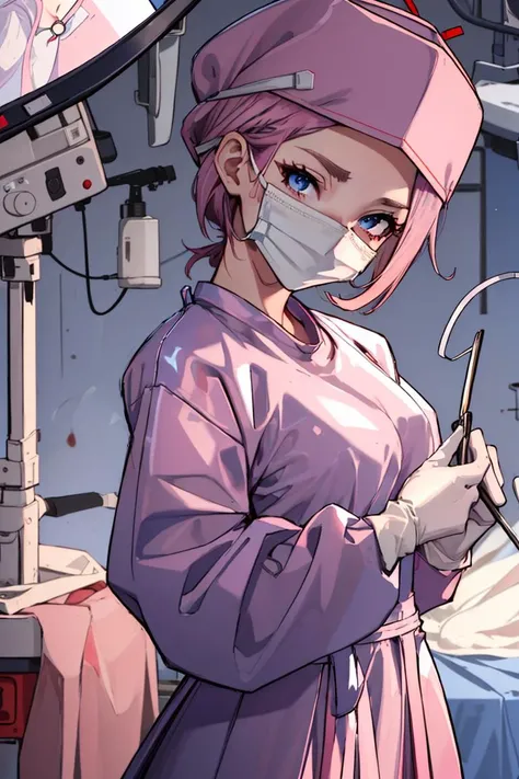 nsfw, masterpiece, best quality, 1girl,cowboy_shot,   <lora:ConceptClothingSurgicalOutfit1_1:0.95> ((surgical outfit, surgical mask, long sleeves,long dress, surgical cap,latex gloves, folded hair)),pink uniform,(blue hair, red eyes, short hair,blood on clothes)