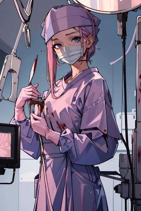 masterpiece, best quality, 1girl,cowboy_shot, <lora:ConceptClothingSurgicalOutfit1_1:0.95> ((surgical outfit, surgical mask, long sleeves,long dress, surgical cap,latex gloves, folded hair)),pink uniform,(blue hair, red eyes, short hair,blood on clothes)