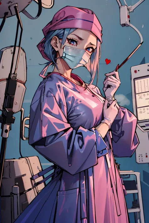 nsfw, masterpiece, best quality, 1girl,cowboy_shot, <lora:ConceptClothingSurgicalOutfit1_1:0.95> ((surgical outfit, surgical mask, long sleeves,long dress, surgical cap,latex gloves, folded hair)),rubber pink uniform,(blue hair, red eyes, short hair,blood on clothes)