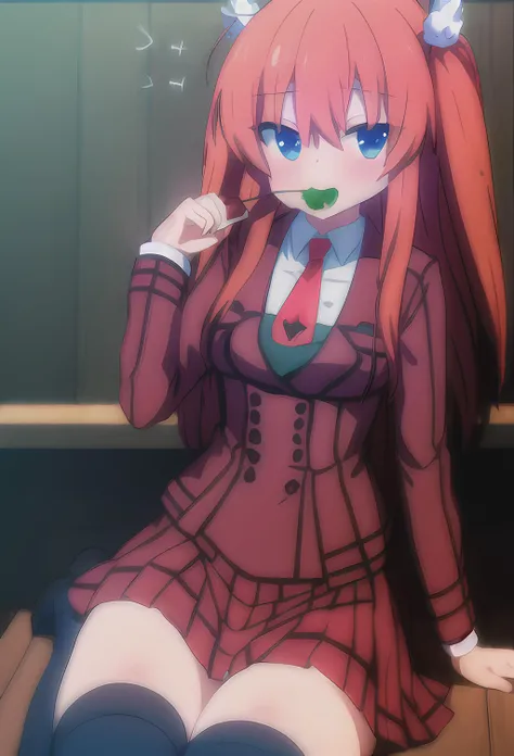 <lora:ohtori chihaya:1.5>,  (masterpiece:1.2), 8k, highest detail,top quality , orange hair ,two side up, sparking azure eyes, smug, red necktie, maroon blazer, green pleated skirt,stockings, sitting on a chair, <lora:cake:0.5> , eating sundae<lora:AOM3A1B_orangemixs:1.0>
