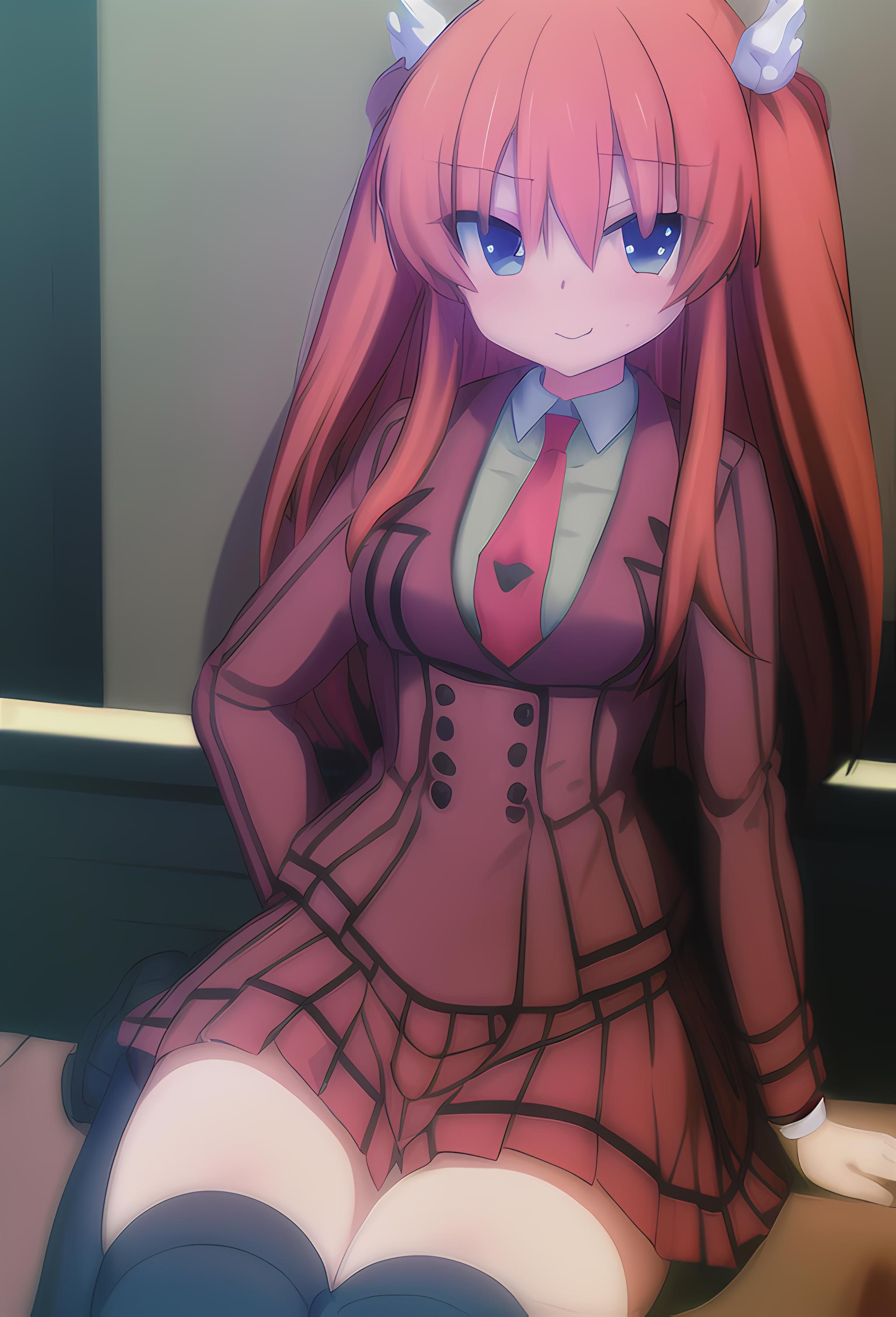 Anime girl with long red hair sitting on floor in front of wall - SeaArt AI