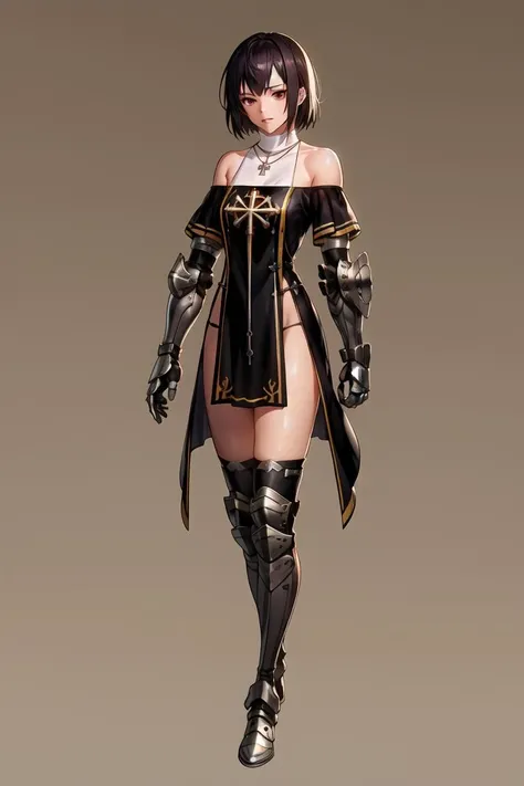 fpriest,gauntlets, bare shoulders, black dress,armored boots, cross necklace,
1girl, solo,looking at viewer,
simple background,full_body, standing,
, <lora:fpriest_DNF4:0.9>