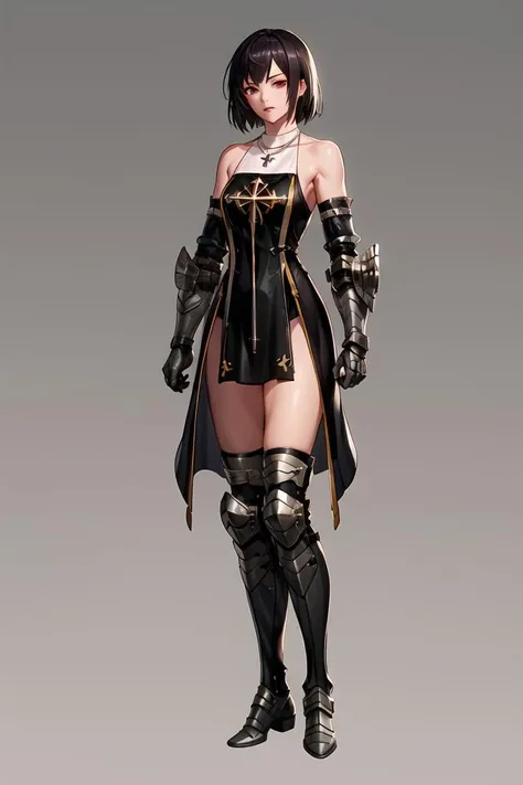 ((BLACK BACKGROUND1:2)) masterpiece, best quality, high quality, 1solo white SKIN elf, long hair, white hair, white eyes, full body, black bikini, looking at viewer, shiny, black thighhighs, high boots,shoulder armor, faulds, poleyn, gloves, gauntlets, FEET TOGETHER STANDING SYMMETRICAL, female elf big knockers cleavage bikini, black headwear, black choker collar, lustful smirking smile face red blushed red cheeks, smile, hands on hips