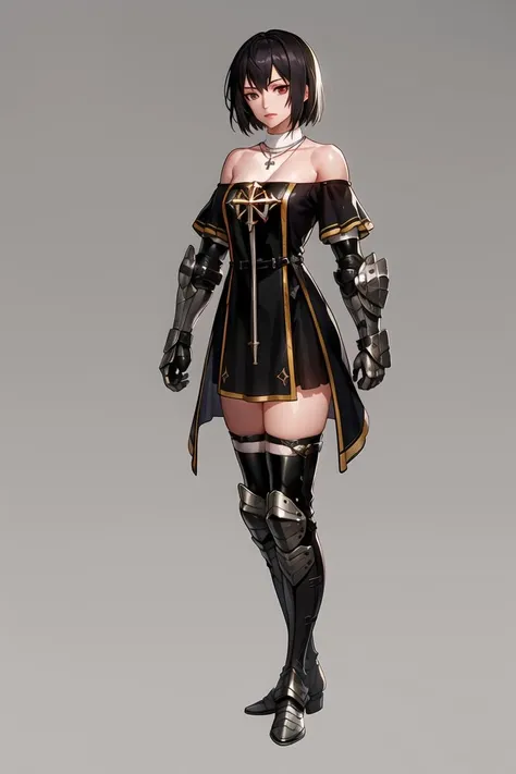 fpriest,gauntlets, bare shoulders, black dress,armored boots, cross necklace,
1girl, solo,looking at viewer,
gray background,full_body, standing,
, <lora:fpriest_DNF4:0.9>