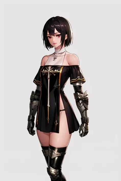 fpriest, gauntlets, bare shoulders, black dress, black thighhighs,armored boots, cross necklace,
1girl, solo,
simple background,cowboy shot, standing,white background
, <lora:fpriest_DNF4:1>