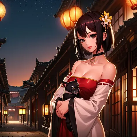 1girl, hair ornament, short hair, black hair, bare shoulders, breasts, solo, dress, cleavage, lantern, brown eyes, cat hug, night, strapless dress, outdoors, architecture, east asian architecture, jewelry, medium breasts, collarbone, sky, choker, black eyes,smile,long sleeves,cowboy shot,hanfu,
,  <lora:fpriest_DNF4:1>