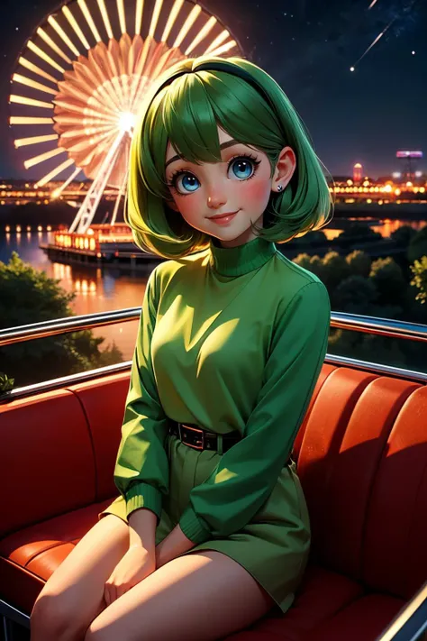 saria, blue eyes, green hair, hairband, green shirt, green shorts, belt, long sleeves, looking at viewer, smiling, blush, sitting, on seat, inside ferris wheel,
night,fireworks, overlooking the scenery, glass housing in low sky, amusement park, high quality, masterpiece, <lora:girllikeferriswheel:.6> <lora:saria_v1:.8>