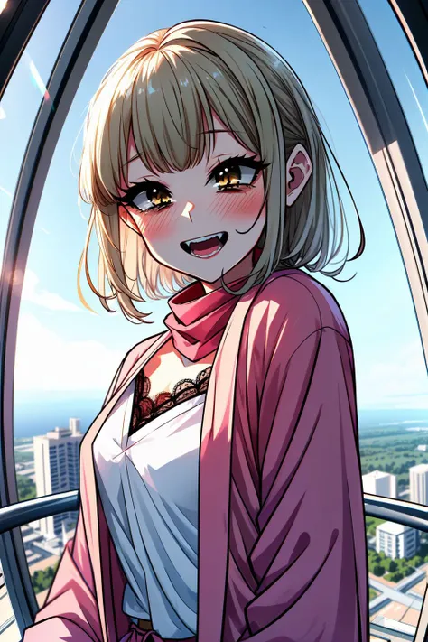 masterpiece, best quality, detailed hands, detailed lighting, highres,
<lora:add_detail:0.7>
<lora:CosmicEyes:0.3>, yellow eyes,
<lora:girllikeferriswheel:1> , ferris wheel, overlooking the scenery, glass housing in low sky, light jacket, lace sleeves, amusement park, fireworks,
<lora:toga:1> himikotoga, blonde hair, medium hair, spiked hair, messy hair, blunt bangs, Ruffled off-the-shoulder top with a striped pattern, dim lighting, long sleeves, scarf, pink scarf, narrowed eyes, smile, fangs, open mouth,