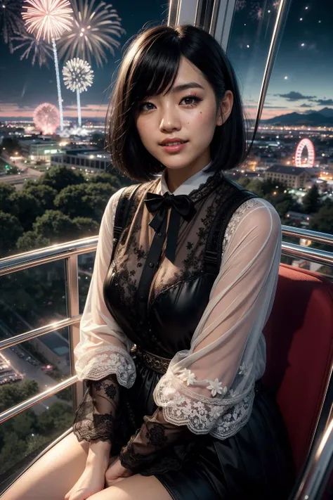 (realistic:1.3), finely detailed, quality, rembrandt lighting, (masterpiece:1.2), (photorealistic:1.2), (best quality), (detailed skin:1.3), (intricate details), dramatic, ray tracing, 1girl, japanese girl, 21 years old, detailed skin texture, (blush:0.5), (goosebumps:0.5), subsurface scattering, smiling, medium breasts, short hair, hair between eyes, puffy sleeves, long sleeves, lace sleeves, dress, lace trim, ferris wheel, amusement park, overlooking the scenery, glass housing in low sky, sitting on seat, cowboy shot, (night, night sky, (fireworks:1.2)), <lora:girllikeferriswheel:0.8>