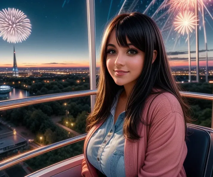 (absurdres, masterpiece, best quality, ultra detailed, detailed background, cinematic lighting, top view), (many colorful spectacular fireworks filling wide sky, ultrawide fisheye lens:1.4), (beautiful anime face, long eyelashes, detailed brown eyes), (voluptuous perfect toned lean kawaii 1girl, narrow waist), brown hair, long wavy hair, (wide ponytail, cute bangs, parted bangs), (red eyewear, semi-rimless eyewear), (massive enormous gigantic heavy huge hanging breasts, cleavage), (bighead, short body, round face), (face closeup, leaning forward:1.4), school uniform, bowtie, (wet see-through short-sleeve blouse, downblouse), (short pleated skirt), glossy skin, (twilight dusk evening), looking at viewer, (flushed, heavy breathing, exhausted, parted lipeaming smile, naughty grin, subtle blending, ultrasharp focused, brilliant highlights, dreamy ambiance, mesmerizing, Kiyal style
