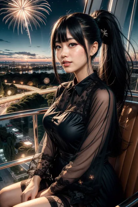 (realistic:1.3), finely detailed, quality, rembrandt lighting, (masterpiece:1.2), (photorealistic:1.2), (best quality), (detailed skin:1.3), (intricate details), dramatic, ray tracing, 1girl, japanese girl, 21 years old, detailed skin texture, (blush:0.5), (goosebumps:0.5), subsurface scattering, smiling, medium breasts, ponytail hair, bangs, hair between eyes, puffy sleeves, long sleeves, lace sleeves, dress, lace trim, ferris wheel, amusement park, overlooking the scenery, glass housing in low sky, sitting on seat, cowboy shot, (night, night sky, (fireworks:1.2)), <lora:girllikeferriswheel:0.8>