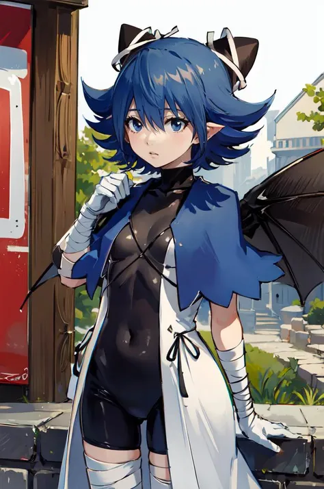 <lora:HiroMashimaStylev2:0.6> <lora:RtPL-Serene:1> serene_\(riviera\), blue_capelet, white_coat, black_bodysuit, black_headwear, bandages, short_hair,, ultra detailed, masterpiece, best quality,