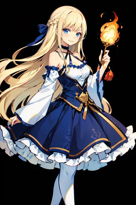 <lora:HiroMashimaStylev2:0.6>, ultra detailed, masterpiece, best quality,, solo, soft smile, light smile,
1girl, blue eyes, very long hair, blonde hair, long blonde hair, french braid, bangs, medium breasts,, hair ribbon, frilled choker, criss-cross halter, sleeveless dress, high-waist skirt, backless dress, waist bow, detached sleeves, frilled sleeves, wide sleeves, pantyhose, patterned legwear, mary janes,