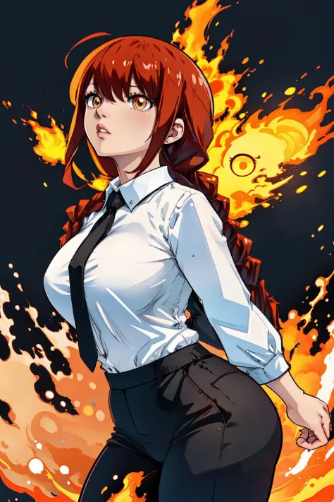 <lyco:Makima:1>, 1girl, makimav1, white collared shirt, black pants, black necktie, wide hips, curvy, large breasts, arms behind back, ringed eyes, single braid, fiery background, <lyco:HiroMashimaStylev2:1>