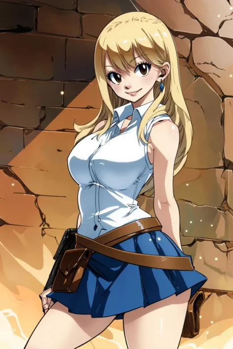 <lyco:HiroMashima:1.0>, volumetric lighting, light particles, <lora:LucyHeartfilia:0.7>, brown eyes, blonde hair, long hair, large breasts, white shirt, sleeveless, belt, blue skirt, cowboy shot, standing, looking at viewer, smile