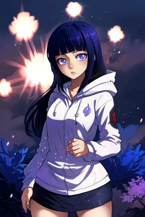 <lyco:HiroMashima:1.0>, cowboy shot, volumetric lighting, <lora:Hinata:0.7>, hyuuga hinata, empty eyes, lavender eyes, blunt bangs, dark blue hair, white hoodie, light particles