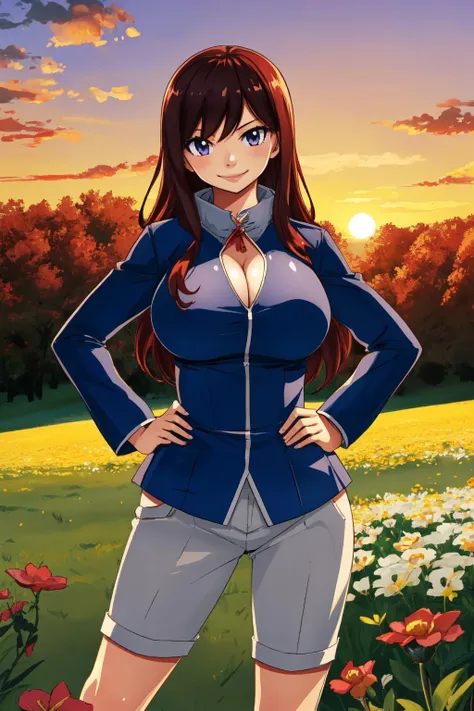 <lyco:HiroMashimaStylev2:1>, 1girl, hands on hips, large breasts, smile, looking viewer, volumetric lighting, flower field, field background, evening, sunset