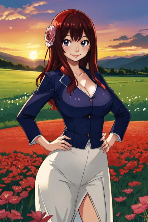 <lyco:HiroMashimaStylev2:1>, 1girl, hands on hips, large breasts, smile, looking viewer, volumetric lighting, flower field, field background, evening, sunset