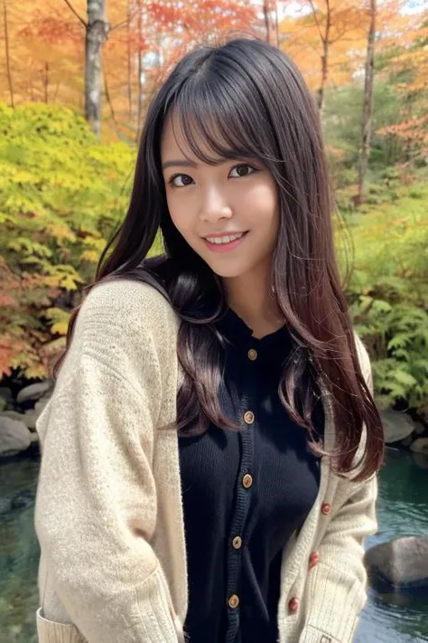 knitted sweater jacket，（Big boobs：1.2），cleveage，穿Black underwear，black slime shapeshifter，looking at the audience，Smile， Black underwear、cleveage，Long hair ,Pretty Face，cute appearance，confident girl,Slime with melted lower body,In the park，There are many maple leaves，autumn，