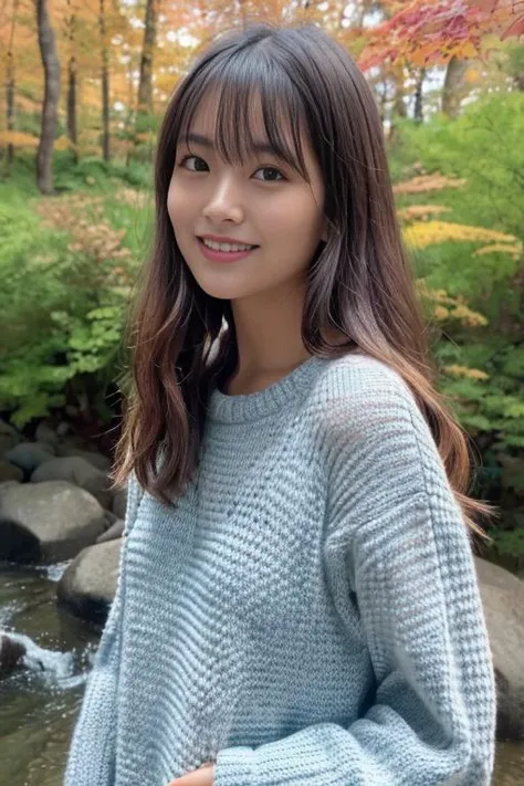 1girl,(wearing a sweater:1.2),(RAW photo, best quality), (realistic, photo-realistic:1.4), masterpiece, an extremely delicate and beautiful, extremely detailed, 2k wallpaper, Amazing, finely detail, extremely detailed CG unity 8k wallpaper, ultra-detailed, highres, soft light, beautiful detailed girl, extremely detailed eyes and face, beautiful detailed nose, beautiful detailed eyes,cinematic lighting,(in a beautiful forest of pine trees at a Japanese countryside),(autumn scenery:1.3),(maple trees in autumn),(by a small rocky river),(morning light),perfect anatomy,slender body,smiling, <lora:nanaseayaka_lora:1>