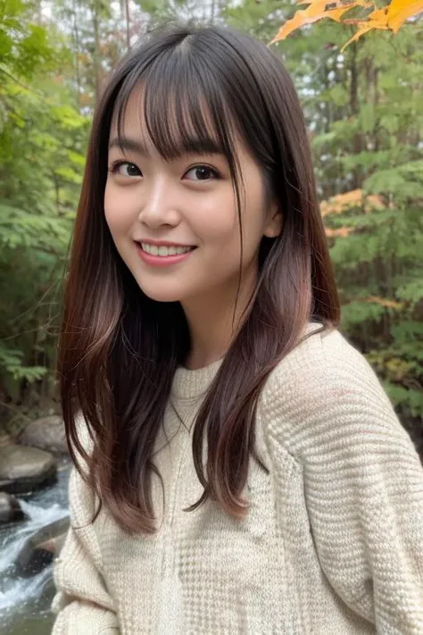 1girl,(wearing a sweater:1.2),(RAW photo, best quality), (realistic, photo-realistic:1.4), masterpiece, an extremely delicate and beautiful, extremely detailed, 2k wallpaper, Amazing, finely detail, extremely detailed CG unity 8k wallpaper, ultra-detailed, highres, soft light, beautiful detailed girl, extremely detailed eyes and face, beautiful detailed nose, beautiful detailed eyes,cinematic lighting,in a beautiful forest of pine trees at a Japanese countryside,autumn scenery,maple trees in autumn,by a small rocky river,morning light,perfect anatomy,slender body,(laughing),(long wavy hair with bangs) <lora:shiromamiru_lora:0.8>