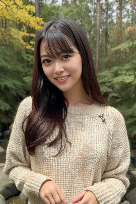 1girl,(wearing a sweater:1.2),(RAW photo, best quality), (realistic, photo-realistic:1.4), masterpiece, an extremely delicate and beautiful, extremely detailed, 2k wallpaper, Amazing, finely detail, extremely detailed CG unity 8k wallpaper, ultra-detailed, highres, soft light, beautiful detailed girl, extremely detailed eyes and face, beautiful detailed nose, beautiful detailed eyes,cinematic lighting,in a beautiful forest of pine trees at a Japanese countryside,autumn scenery,maple trees in autumn,by a small rocky river,morning light,perfect anatomy,slender body,(laughing),(long wavy hair with bangs) <lora:shiromamiru_lora:0.8>