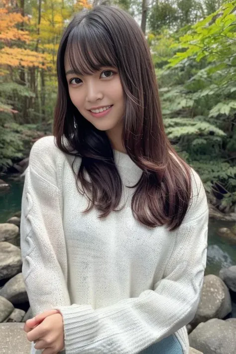 1girl,(wearing a sweater:1.2),(RAW photo, best quality), (realistic, photo-realistic:1.4), masterpiece, an extremely delicate and beautiful, extremely detailed, 2k wallpaper, Amazing, finely detail, extremely detailed CG unity 8k wallpaper, ultra-detailed, highres, soft light, beautiful detailed girl, extremely detailed eyes and face, beautiful detailed nose, beautiful detailed eyes,cinematic lighting,in a beautiful forest of pine trees at a Japanese countryside,autumn scenery,maple trees in autumn,by a small rocky river,morning light,perfect anatomy,slender body,(laughing),(long wavy hair with bangs) <lora:shiromamiru_lora:0.8>