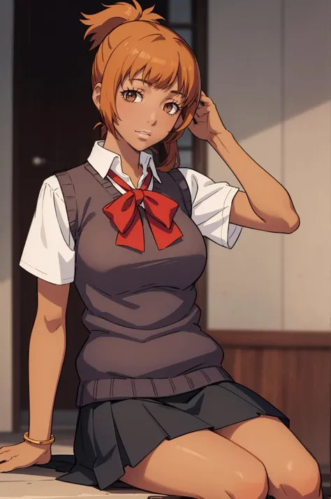 <lora:zs_Natsuki:0.8> natsukip3, sweater vest, brown hair, ponytail, brown eyes, dark skin, skirt, loose socks