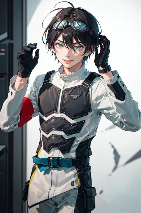 cowboy shot, <lora:FenixUniform:0.65> fenix uniform,, ultra detailed, masterpiece, best quality, aesthetic, detailed,, ultra detailed, masterpiece, best quality, solo, smile, 1boy, green eyes, short hair, black hair, bangs, hair between eyes, messy hair, (goggles on head:1.2),