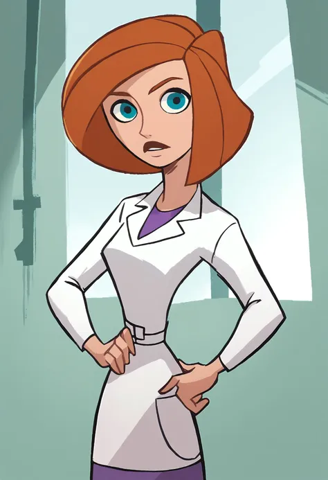 <lora:AnnPossiblePony1.0:1>annp, solo, 1girl, orange hair, blue eyes, short hair, labcoat, purple skirt, score_9, score_8_up, score_7_up, score_6_up, score_5_up, score_4_up, looking at viewer, hand on own hip, cowboy shot,