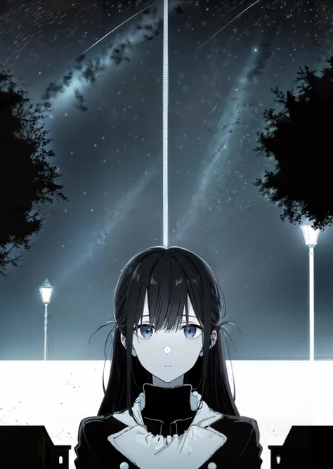 masterpiece,best quality,a girl,black suit,calm expression,dark night,street lights,stays under street lights,looking at sky,stars,<lora:ZHOU:0.9>,<lora:koe_no_katachi_offset:0.8>,<lora:animeoutlineV4_16:0.6>,