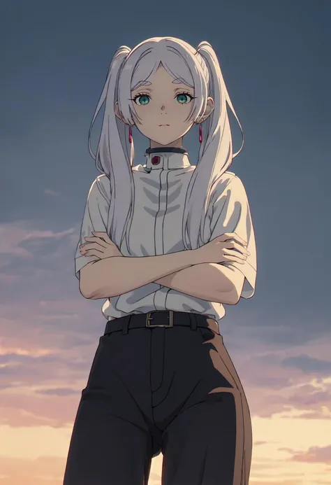 (safe:1.10), best quality, masterpiece, highres, solo, (frieren_sousounofrieren:1.10), crossed arms, cowboy shot, looking at viewer, anime_style, 54 <lora:frieren_sousounofrieren:0.80>
