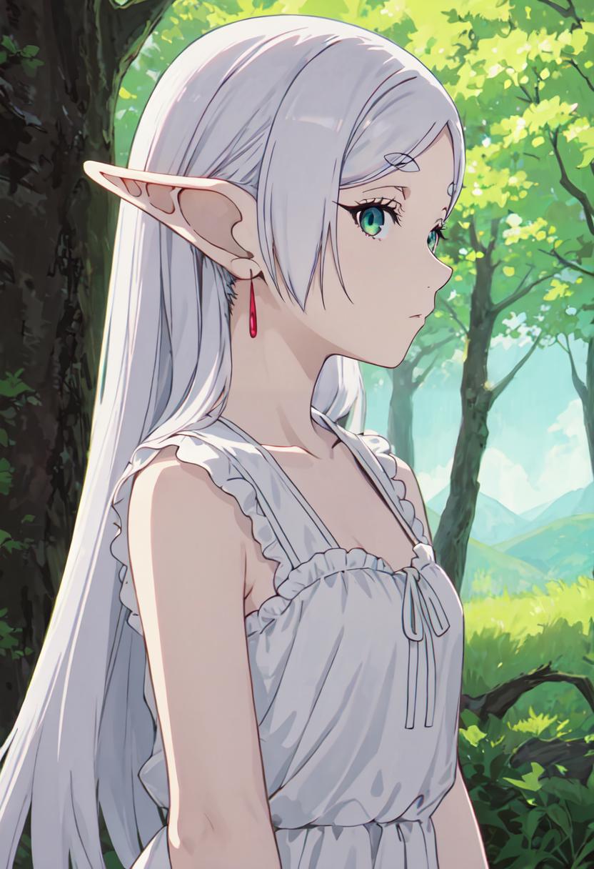 Anime girl with long white hair and ears in a forest - SeaArt AI