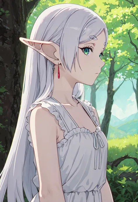 best quality, masterpiece, highres, solo, (frieren_sousounofrieren:1.10), 1girl, closed mouth, elf, outdoors, upper body, white dress, collarbone, forest, tree, hair down, expressionless, from side, looking at viewer, profile, sleeveless dress, anime_style, 28 <lora:frieren_sousounofrieren:0.80>