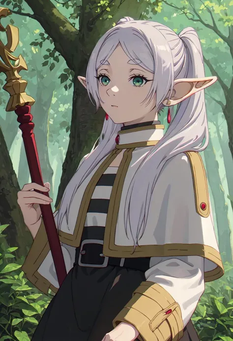 best quality, masterpiece, highres, solo, (frieren_sousounofrieren:1.10), 1girl, black belt, elf, holding staff, jewelry, long sleeves, striped shirt, white capelet, closed mouth, outdoors, striped clothes, forest, mage staff, tree, anime_style, 13 <lora:frieren_sousounofrieren:0.80>