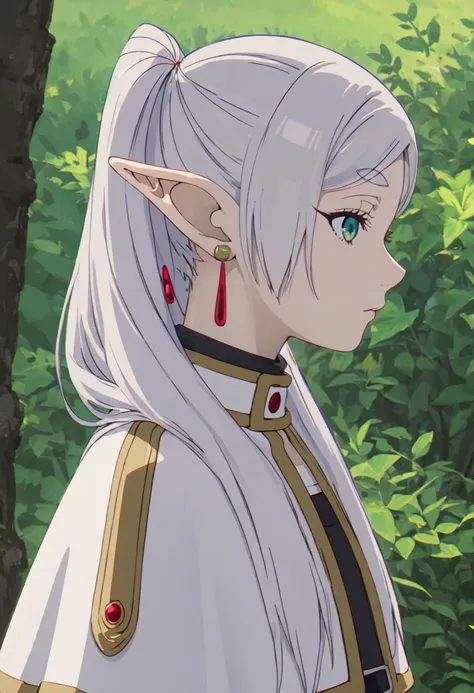 best quality, masterpiece, highres, solo, (frieren_sousounofrieren:1.10), 1girl, elf, jewelry, profile, white capelet, closed mouth, from side, upper body, anime_style, 11 <lora:frieren_sousounofrieren:0.80>