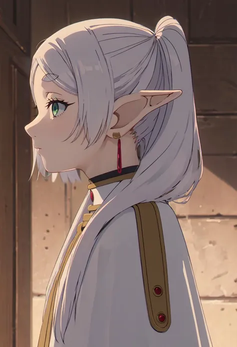 best quality, masterpiece, highres, solo, (frieren_sousounofrieren:1.10), 1girl, elf, jewelry, profile, white capelet, closed mouth, from side, upper body, anime_style, 12 <lora:frieren_sousounofrieren:0.80>
