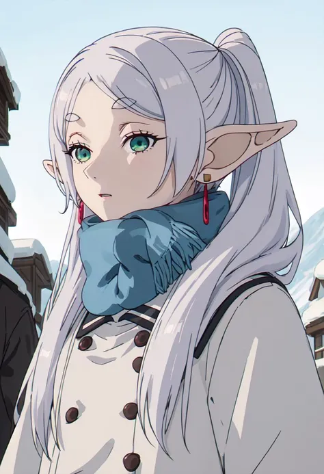best quality, masterpiece, highres, solo, (frieren_sousounofrieren:1.10), 1girl, blue scarf, elf, jewelry, upper body, closed mouth, outdoors, white coat, winter clothes, anime_style, 24 <lora:frieren_sousounofrieren:0.80>