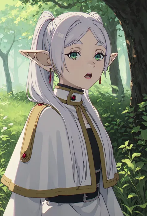 best quality, masterpiece, highres, solo, (frieren_sousounofrieren:1.10), 1girl, elf, forest, jewelry, open mouth, outdoors, tree, white capelet, grass, looking at viewer, anime_style, 20 <lora:frieren_sousounofrieren:0.80>