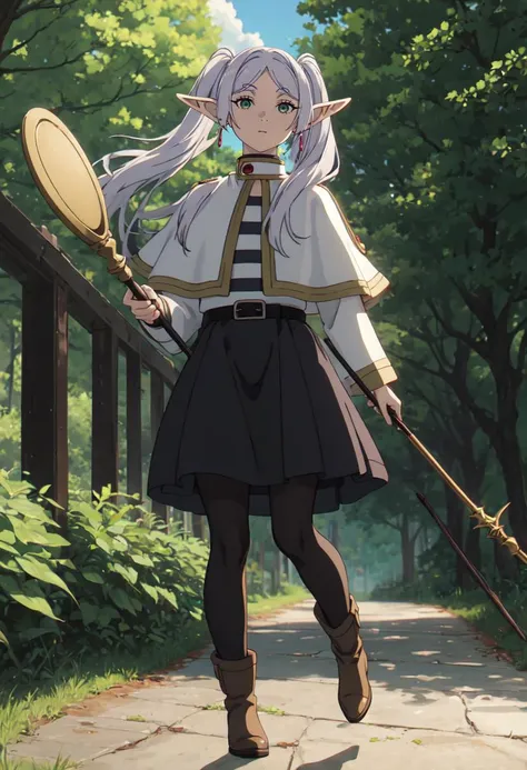 best quality, masterpiece, highres, solo, (frieren_sousounofrieren:1.10), 1girl, black belt, black pantyhose, elf, holding staff, jewelry, long sleeves, outdoors, sky, standing, striped clothes, striped shirt, white capelet, boots, brown footwear, closed mouth, cloud, tree, white skirt, looking at viewer, anime_style, 19 <lora:frieren_sousounofrieren:0.80>