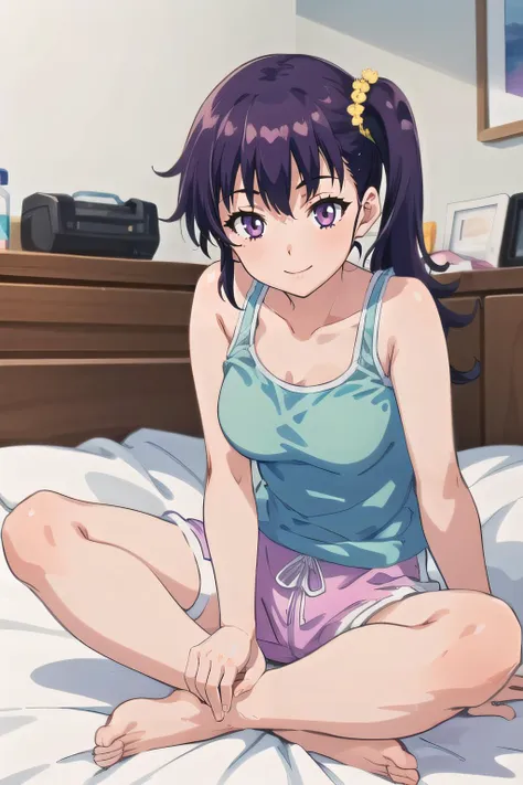 (masterpiece:1.2), best quality, high resolution, unity 8k wallpaper, (illustration), extremely detailed face, perfect lighting, extremely detailed CG, 1girl, solo, <lora:Risa:0.7>, risa, purple eyes, purple hair, aqua tank top, pink shorts, side ponytail, looking at viewer, sitting on bed, smile, full body, barefeet, indian style:1.2