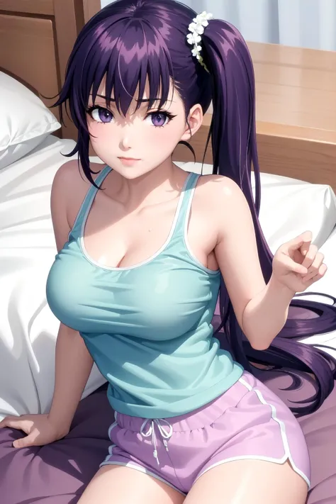 1girl solo, pink princess bedroom, crop top, looking at viewer, bratty girl, perfect beautiful girl, dark blue hair, red and blue eyes, small nose, plump soft lips, sweating, large breast, confidence, beautiful perfect girl, dominant, long hair, fit body, small waist, big breasts, voluminous hair, big hair, long hair, unbothered face, smiling, impressive big enormous . She is ressed.