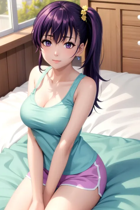 ((masterpiece)), best quality, high-resolution, (illustration), extremely detailed face, prefect lighting, 1girl, solo, risa, purple eyes, purple hair, aqua tank top, pink shorts, side ponytail, cowboy shot, looking at viewer, seductive, lying on bed, femdom, smile, large breasts, cleavage, after school, focus sharp, advanced cg, amazing quality.
<lora:Risa:0.7>