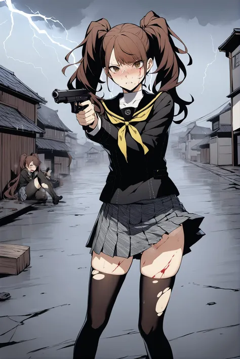1girl, dsrise from persona, covered in a lot of blood, shooting a pistol at the camera, expression of pain, middle of a Japanese town, injury, hate, stormy, rain, lightning, illustrious japanese town, standing, torn clothes, ripped clothes, hurt, injury, struggle, exhausted, ryona, BREAK brown hair, long hair, twintails, brown eyes, yasogami school uniform, black shirt, serafuku, gray pleated skirt, black thighhighs, persona 4, <lora:dsrise_a3b:1>, masterpiece, high quality, best quality, medium quality, rating: sensitive, rating: questionable, rating: explicit, guro, gore <lora:add-detail-xl:1>