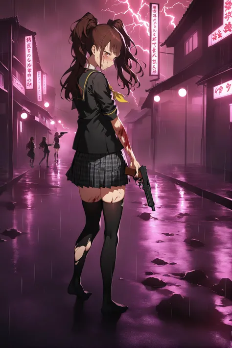 1girl, dsrise from persona, covered in a lot of blood, shooting a pistol at the camera, expression of pain, middle of a Japanese town, injury, hate, stormy, rain, lightning, illustrious japanese town, standing, torn clothes, ripped clothes, hurt, injury, struggle, full body, exhausted, BREAK brown hair, long hair, twintails, brown eyes, yasogami school uniform, black shirt, serafuku, gray pleated skirt, black thighhighs, persona 4, <lora:dsrise_a3b:1>, masterpiece, high quality, best quality, medium quality, rating: sensitive, rating: questionable, rating: explicit, guro <lora:glowneon_xl_v1:1>