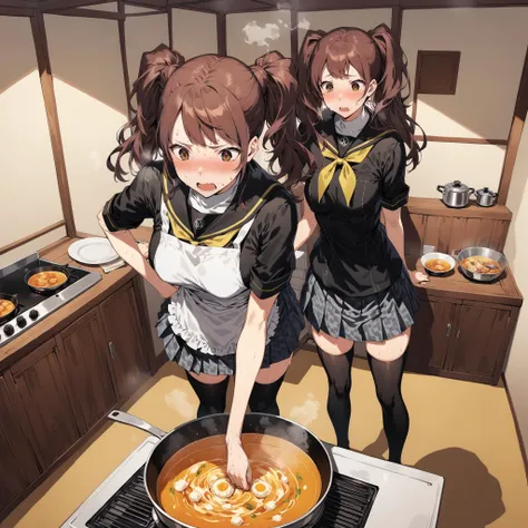 1girl, dsrise from persona, cooking fancy soup on a stove, expression of joy, rural Japanese town square, standing, stained clothes, steaming meal, struggle, exhausted, sweaty, apron, hungry people, BREAK brown hair, long hair, twintails, brown eyes, yasogami school uniform, black shirt, serafuku, gray pleated skirt, black thighhighs, persona 4, <lora:dsrise_a3b:1>, masterpiece, high quality, best quality, medium quality, <lora:xl_more_art-full_v1:1>