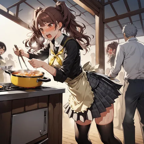 1girl, dsrise from persona, cooking fancy soup on a stove, expression of joy, rural Japanese town square, standing, stained clothes, steaming meal, struggle, exhausted, sweaty, apron, hungry people, BREAK brown hair, long hair, twintails, brown eyes, yasogami school uniform, black shirt, serafuku, gray pleated skirt, black thighhighs, persona 4, <lora:dsrise_a3b:1>, masterpiece, high quality, best quality, medium quality, <lora:ral-vlntxplzn-sdxl:1> ral-vlntxplzn